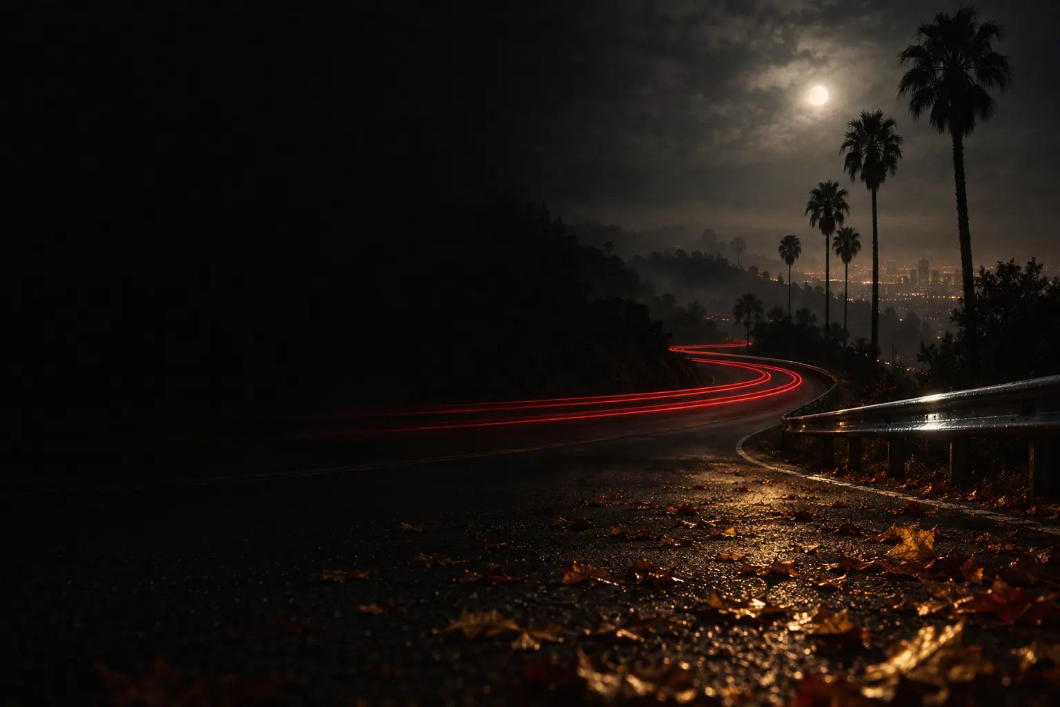 Original night-drive artwork: oxblood tail-light trails on an empty Los Angeles hillside road under a hazy moon