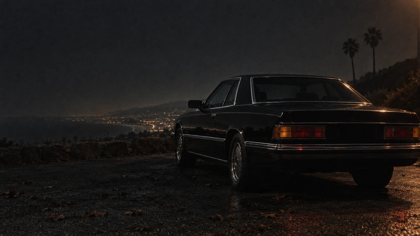 Original night-drive artwork: an unbranded vintage black coupe, autumn leaves and Los Angeles palms after dark