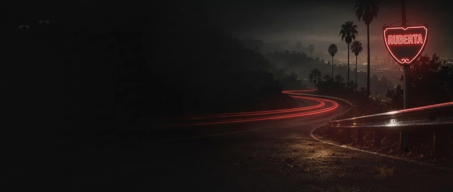 Original night-drive artwork: oxblood tail-light trails on an empty Los Angeles hillside road under a hazy moon